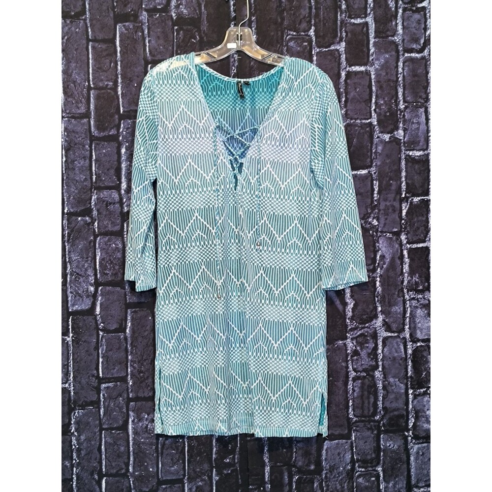Portocruz Swim Cover Women's Medium Teal Geometric 3/4 Sleeve V Neck Beach Wear